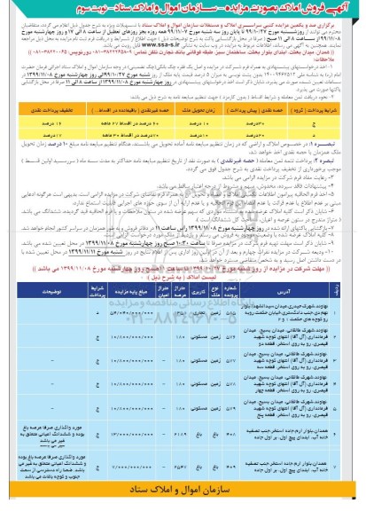  مزایده ،مزایده صد و یکمین املاک و مستغلات کاربری تجاری و مسکونی و باغ نوبت سوم 