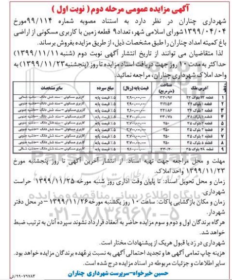مزایده،مزایده فروش 9 قطعه زمین با کاربری مسکونی مرحله دوم نوبت اول