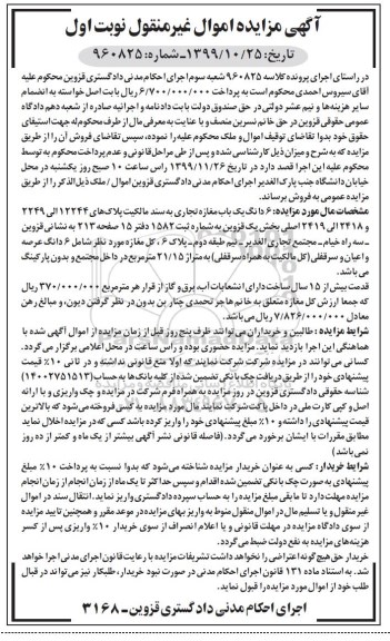  مزایده،مزایده ششدانگ یکباب مغازه تجاری 21.15 مترمربع نوبت اول 