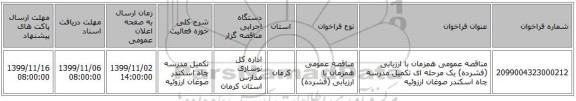 مناقصه عمومی همزمان با ارزیابی (فشرده) یک مرحله ای تکمیل مدرسه چاه اسکندر صوغان ارزوئیه