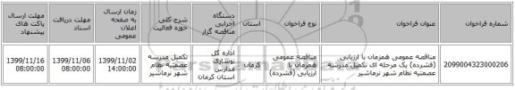مناقصه عمومی همزمان با ارزیابی (فشرده) یک مرحله ای تکمیل مدرسه عصمتیه نظام شهر نرماشیر
