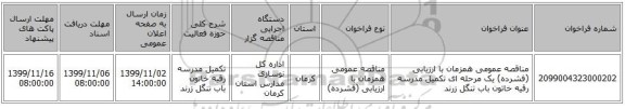 مناقصه عمومی همزمان با ارزیابی (فشرده) یک مرحله ای تکمیل مدرسه رقیه خاتون باب تنگل زرند