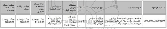 مناقصه عمومی همزمان با ارزیابی (فشرده) یک مرحله ای تکمیل مدرسه خیری بانک کشاورزی ریگان