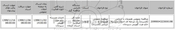 مناقصه عمومی همزمان با ارزیابی (فشرده) یک مرحله ای احداث مدرسه حاج عزت گویینی سیرجان