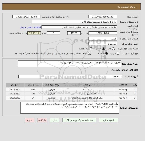 استعلام تکمیل مدرسه خیری دو کلاسه میرزایی روستای سیاهو سرچهان