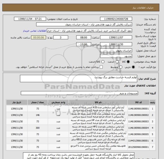 استعلام لوازم البسه حراست مطابق برگ پیوست 