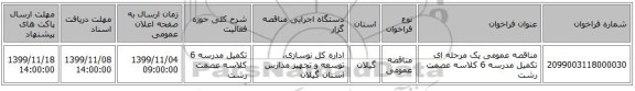 مناقصه عمومی یک مرحله ای تکمیل مدرسه 6 کلاسه عصمت رشت