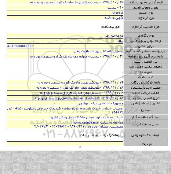 عملیات اجرایی احداث باند دوم محور دیلم - هندیجان حد فاصل کیلومتر ۷۵۰+۱ الی ۹۹۴+۱۲