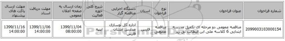 مناقصه عمومی دو مرحله ای تکمیل مدرسه ابتدایی 6 کلاسه علی ابن ابیطالب نی ریز