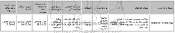 مناقصه عمومی همزمان با ارزیابی (فشرده) یک مرحله ای روکش آسفالت  در محور تایباد - دوغارون -99/31/189 نوبت دوم 