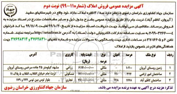 مزایده،مزایده فروش 3 فقره املاک مازاد نوبت دوم
