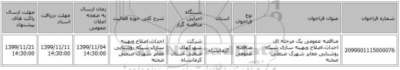 مناقصه عمومی یک مرحله ای احداث،اصلاح وبهینه سازی شبکه روشنایی معابر شهرک صنعتی صحنه