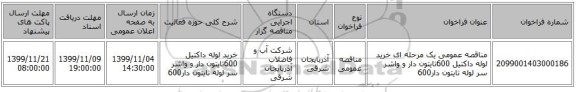 مناقصه عمومی یک مرحله ای خرید لوله داکتیل 600تایتون دار و واشر سر لوله تایتون دار600