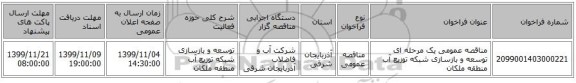 مناقصه عمومی یک مرحله ای توسعه و بازسازی شبکه توزیع آب منطقه ملکان