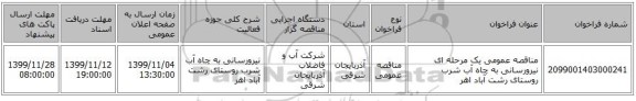 مناقصه عمومی یک مرحله ای نیرورسانی به چاه آب شرب روستای رشت آباد اهر