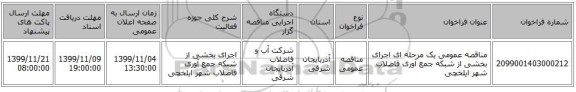 مناقصه عمومی یک مرحله ای اجرای بخشی از شبکه جمع آوری فاضلاب شهر ایلخچی