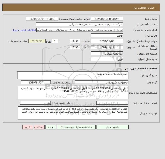 استعلام خرید کابل برق مسی و مفصل