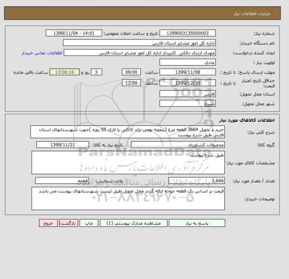 استعلام خرید و تحویل 3664 قطعه مرغ (نیمچه بومی نژاد کاکلی یا لاری 55 روزه )جهت شهرستانهای استان فارس طبق شرح پیوست