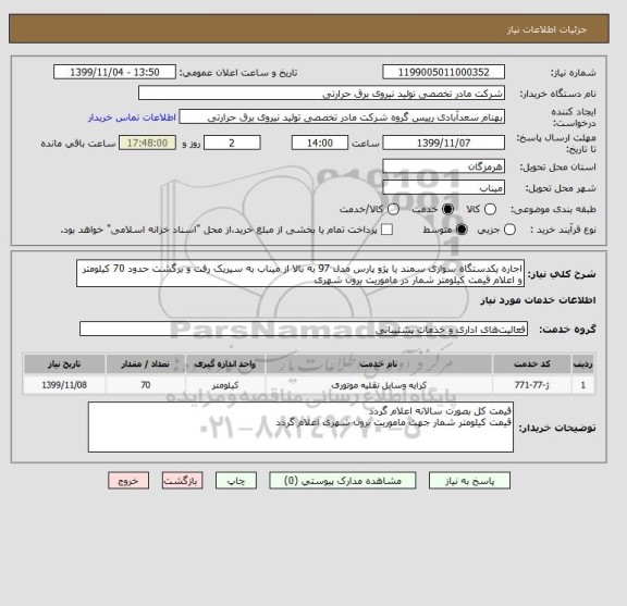 استعلام اجاره یکدستگاه سواری سمند یا پژو پارس مدل 97 به بالا از میناب به سیریک رفت و برگشت حدود 70 کیلومتر و اعلام قیمت کیلومتر شمار در ماموریت برون شهری