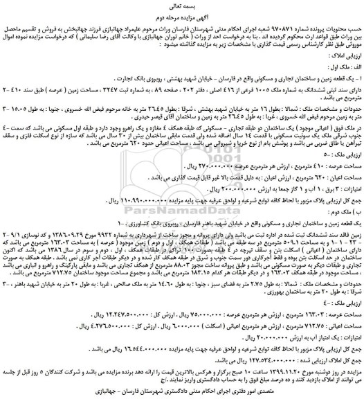 مزایده،مزایده فروش یک قطعه زمین و ساختمان تجاری و مسکونی 