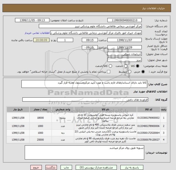 استعلام کالا باید دارای استاندارهای لازم باشد و مورد تایید مرکزومسئول تغذیه قرار گیرد