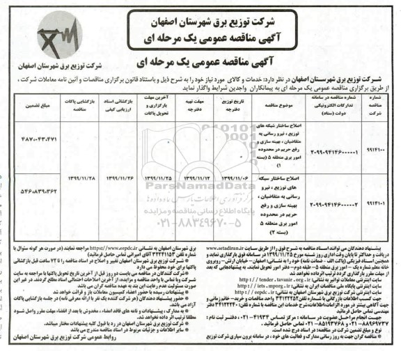 مناقصه ، مناقصه اصلاح ساختار شبکه های توزیع نیرو  رسانی  و...