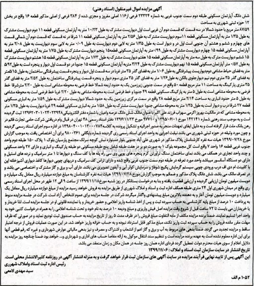 مزایده،مزایده ششدانگ آپارتمان مسکونی 87.59 مترمربع