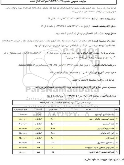 مزایده, مزایده اقلام ضایعاتی شامل براده تراشکاری آلومینیوم و ...