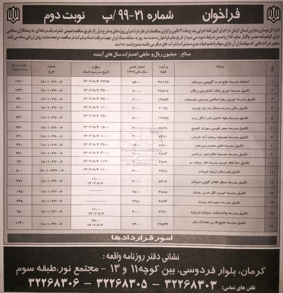 فراخوان، فراخوان واگذاری احداث و تکمیل تعدادی مدرسه... نوبت دوم