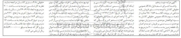 مزایده عرصه و اعیان یک قطعه زمین 200 متر نوبت پنجم