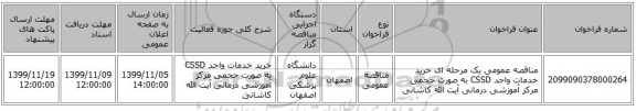 مناقصه عمومی یک مرحله ای خرید خدمات واحد CSSD به صورت حجمی مرکز آموزشی درمانی آیت الله کاشانی