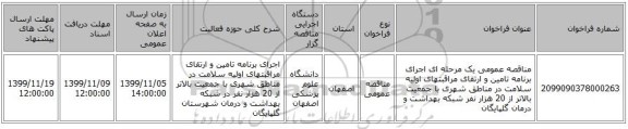 مناقصه عمومی یک مرحله ای اجرای برنامه تامین و ارتقای مراقبتهای اولیه سلامت در مناطق شهری با جمعیت بالاتر از 20 هزار نفر شبکه بهداشت و درمان گلپایگان