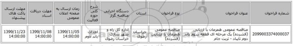 مناقصه عمومی همزمان با ارزیابی (فشرده) یک مرحله ای قطعه سوم باند دوم تایباد - تربت جام