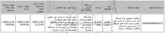 مناقصه عمومی یک مرحله ای خرید خدمات از بخش غیر دولتی جهت کلیه امور مربوط به سرپرستی و خدمات نظافتی خوابگاه دخترانه 