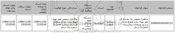 مناقصه عمومی یک مرحله ای امور تهیه، پخت وتوزیع غذای پرسنل وبیماران بیمارستان امام(ره) سنقر
