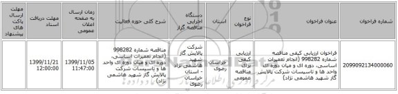 فراخوان ارزیابی کیفی مناقصه شماره 998282 (انجام تعمیرات اساسی، دوره ای و میان دوره ای واحد ها و تاسیسات شرکت پالایش گاز شهید هاشمی نژاد)