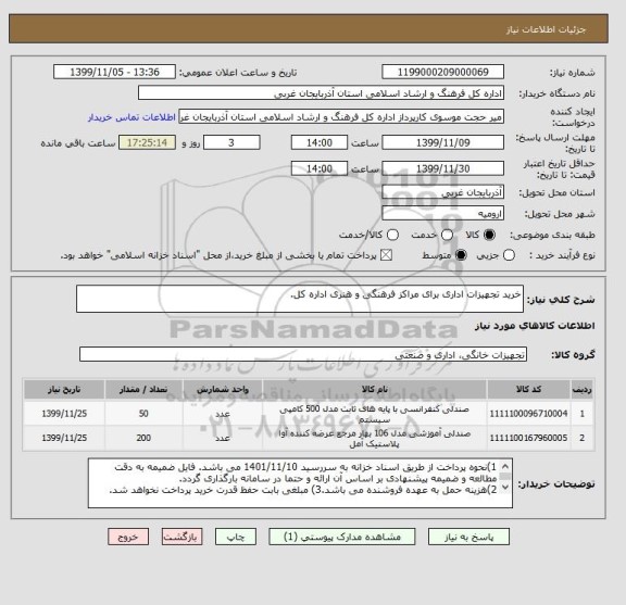 استعلام خرید تجهیزات اداری برای مراکز فرهنگی و هنری اداره کل.
