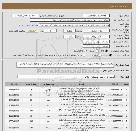 استعلام لوازم التحریر(کاغذa4a5/ماژیک سی دی/cdخام/کاور/لاک غلط گیر/خودکار/زونکن بزرگ و کوچک/پوشه روغنی