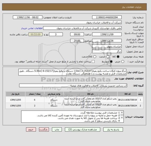 استعلام درگز-پروژه کبکان-ساخت پکیج پمپاژ(152/27-11kw) 2 دستگاه و پکیج پمپاژ(152/17-5.5kw) 6 دستگاه ، طبق مشخصات فنی و نقشه پیوست و با هماهنگی دستگاه نظارت