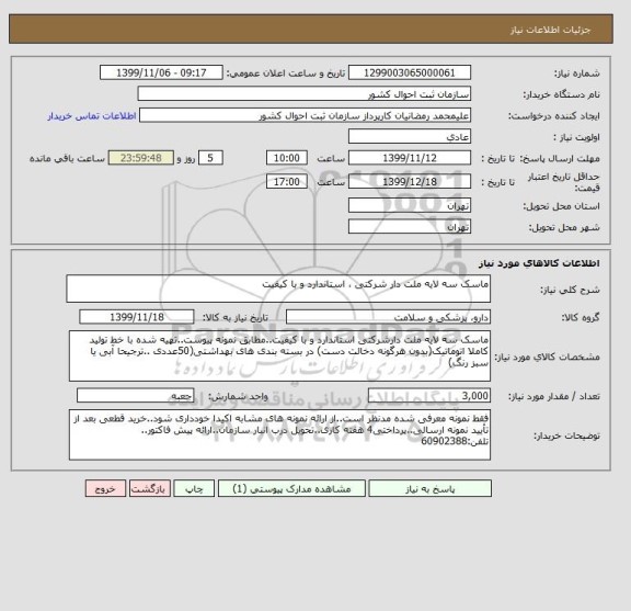 استعلام ماسک سه لایه ملت دار شرکتی ، استاندارد و با کیفیت