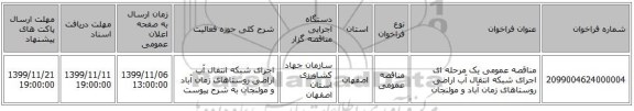 مناقصه عمومی یک مرحله ای اجرای شبکه انتقال آب اراضی روستاهای زمان آباد و مولنجان 