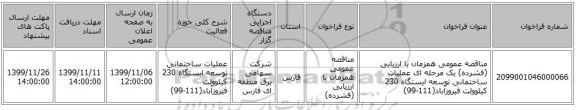 مناقصه عمومی همزمان با ارزیابی (فشرده) یک مرحله ای عملیات ساختمانی توسعه ایستگاه 230 کیلوولت فیروزآباد(111-99)