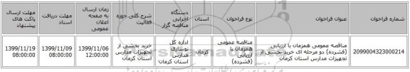 مناقصه عمومی همزمان با ارزیابی (فشرده) دو مرحله ای خرید بخشی از تجهیزات مدارس استان کرمان