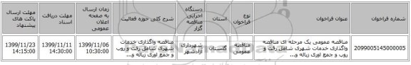 مناقصه عمومی یک مرحله ای مناقصه واگذاری خدمات شهری شامل رفت و روب و جمع اوری زباله و...