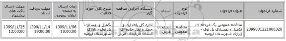مناقصه عمومی یک مرحله ای تکمیل و بهسازی پل نوی - ژاراژی شهرستان ارومیه