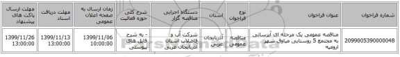 مناقصه عمومی یک مرحله ای آبرسانی به مجتمع 5 روستایی میاوق شهر ارومیه
