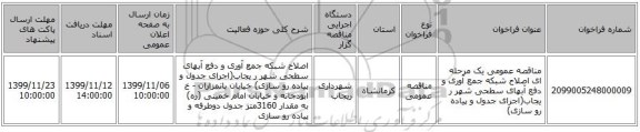 مناقصه عمومی یک مرحله ای  اصلاح شبکه جمع آوری و دفع آبهای سطحی شهر ر یجاب(اجرای جدول و پیاده رو سازی)