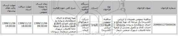 مناقصه عمومی همزمان با ارزیابی (فشرده) یک مرحله ای تهیه مصالح و اجرای جدولگذاری و پیاده رو سازی، احداث کانال و تکمیل بخشی از تصفیه خانه فاضلاب شهرک صنعتی شمار