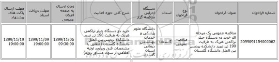 مناقصه عمومی یک مرحله ای خرید دو دستگاه چیلر تراکمی هریک به ظرفیت 190 تن تبرید دانشکده پردیس بین الملل دانشگاه گلستان 