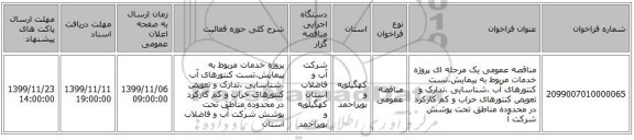 مناقصه عمومی یک مرحله ای پروژه خدمات مربوط به پیمایش،تست کنتورهای آب ،شناسایی ،تدارک و تعویض کنتورهای خراب و کم کارکرد در محدوده مناطق تحت پوشش شرکت آ